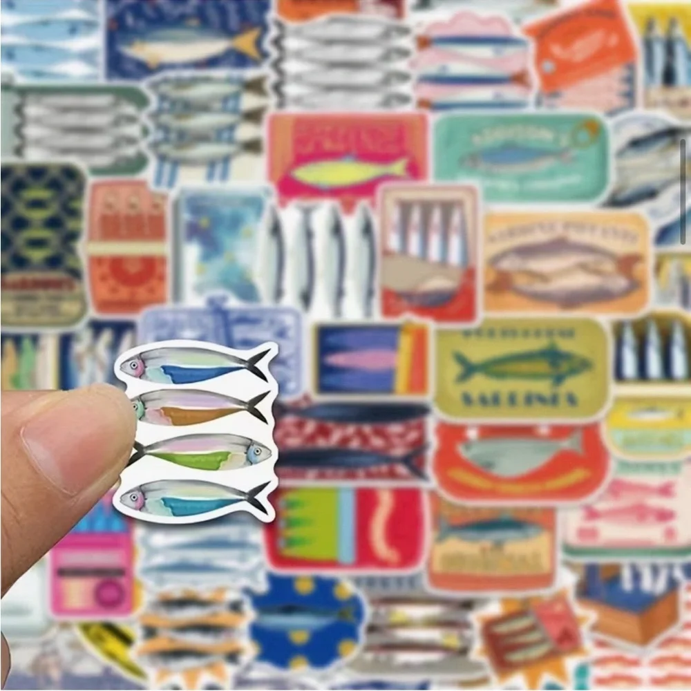 50 Sardine Tin Can Fish Stickers Colorful Nautical Mediterranean Sea Italian - Picture 7 of 10
